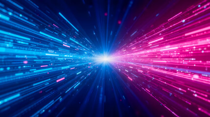 Poster - Vibrant Abstract Light Trails with Blue and Pink Colors Radiating from the Center in a Digital Universe Effect for Technology or Science Concepts