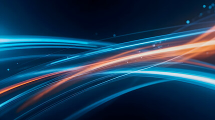 Poster - Abstract flowing light trails in vibrant blue and orange colors creating a mesmerizing visual experience in a dynamic digital background