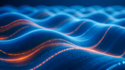 Poster - Abstract Blue Waves with Glowing Orange Lines Flowing Smoothly in a Dynamic and Fluid Fashion Creating a Tranquil and Serene Background