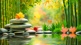 spa still life with bamboo, Photograph of stacked rocks and bamboo in an autumn garden with colorful leaves reflected on the water, a zen background for a relaxation wallpaper