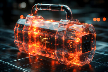 Poster - Glowing transparent tech case on grid surface in dark tech environment
