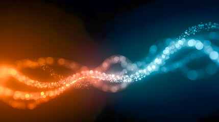 Poster - Abstract digital wave with glowing particles in orange and blue colors creating a mesmerizing visual in a dark background environment