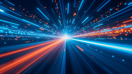 Poster - Dynamic bursts of blue and orange light creating an illusion of speed and motion in a futuristic digital environment