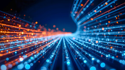 Poster - Dynamic flow of glowing blue and orange light particles in a dark space creating a mesmerizing abstract background and digital wave effect