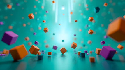 Poster - Colorful 3D Cubes Floating in Air on a Soft Teal Background with Blurry Light Rays and a Dreamy Atmosphere for Creative Visuals