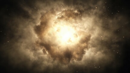 Wall Mural - A bright explosion surrounded by dark clouds and stars in a cosmic setting.