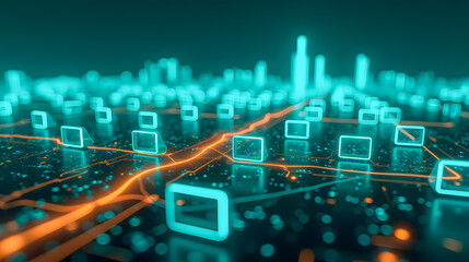 Poster - Futuristic Cityscape with Neon Lights and Digital Connections, Highlighting Technology, Urbanization and Innovation in a Virtual Environment