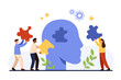 © Flash Vector - Mental health support and coach consultation, psychology. Tiny people holding puzzle pieces connect to brain inside human head, help to think and find lost solution cartoon vector illustration