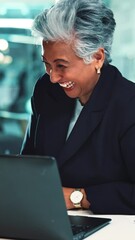 Poster - Business, funny and senior woman with laptop, online reading in office, connection and humor. Happy person, accountant and financial advisor in workplace, computer and laughing with joke and meme