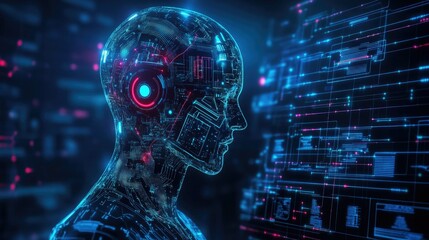 Poster - Futuristic Cybernetic Head with Digital Interface and Data Streams