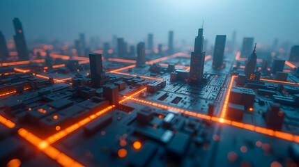 Poster - Futuristic Cityscape at Night with Glowing Orange Lines and High-Rise Buildings Illuminated in Neon Light, Digital Urban Environment Exploration Scene