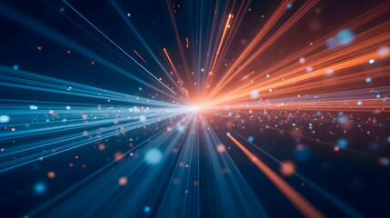 Poster - Vibrant Light Rays and Glowing Particles Creating Abstract Burst Effect on Dark Background for Creative Digital Design and Technology Themes