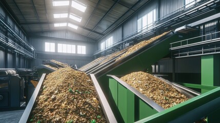 Industrial waste processing facility with heaps of sorted materials and machinery in action