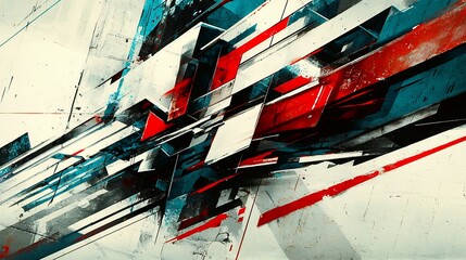 Leinwandbilder - Abstract geometric composition with red, white, and blue lines and shapes on a textured background