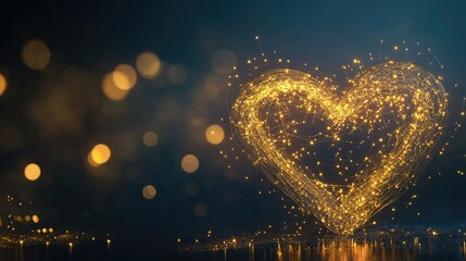 Poster - Twinkling Golden Heart Shape with Bright Bokeh Background Effect