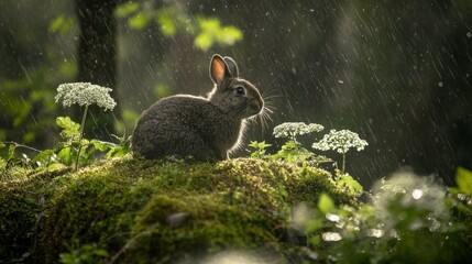 Canvas Print - Brown Rabbit Sitting Under Rain in Green Forest With White Flowers on a Mossy Rock.