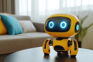 Poster - Yellow AI toy robot on table in living room at home . A yellow robot is positioned on a table, with a couch visible in the background, creating a cozy living space atmosphere.