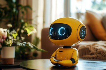 Poster - Yellow AI toy robot on table in living room at home . A yellow robot is positioned on a table, with a couch visible in the background, creating a cozy living space atmosphere.