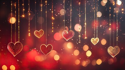 Poster - Shimmering Hearts Hanging on Strings with Glittery Background Lights