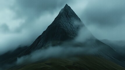 Wall Mural - A towering mountain peak shrouded in fog and clouds, creating a dramatic landscape.