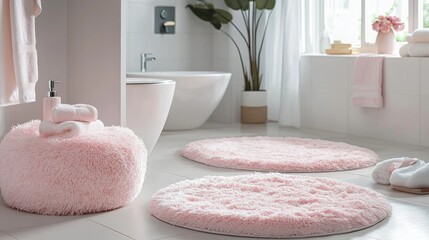 Poster - Soft, round, pink rugs bring warmth to a modern children's bathroom featuring a white floor, sleek sink, toilet seat, and elegant bathtub, enhancing comfort and style