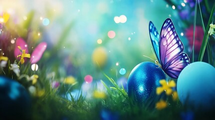 Wall Mural - Butterfly on Blue Egg in Spring Meadow with Bokeh Lights and Flowers.