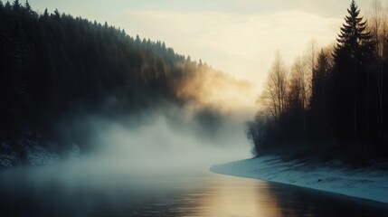 Wall Mural - a serene river surrounded by fog and trees during sunrise.
