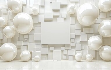 Aufkleber - White geometric wall with spheres and blank canvas.  Interior design mockup