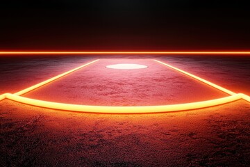 Fototapete - A glowing futuristic arena floor with vibrant orange lines, creating a visually striking geometric pattern.