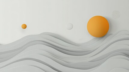 Poster - Abstract Composition of 3D Shapes and Waves with Bright Orange Sphere