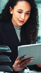 Poster - Tablet, research and online with business woman in office for project, wireframing layout or product designer. Report update, client feedback and reading with person in agency at night for deadline