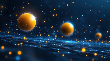 Poster - Glowing spheres in digital space, network background, technology concept