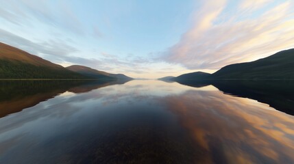 Wall Mural - a tranquil lake reflecting the colorful sky and surrounding mountains during sunset.
