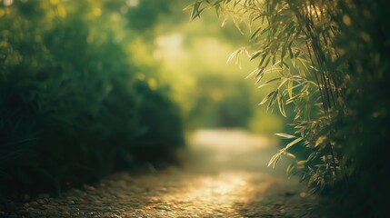 Wall Mural - a tranquil pathway surrounded by lush green plants and soft sunlight.