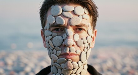 man's face covered obstructed and surrounded by smooth stone and rocks, expressive stony environment