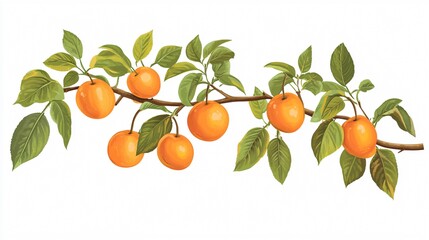 Close-Up of Branch with Green Leaves and Ripe Persimmons Ideal for Backgrounds and Nature-Themed Designs