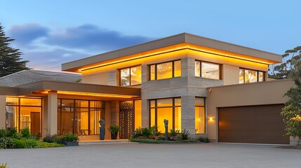 Canvas Print - Modern architectural design of a stylish home with illuminated exterior at twilight