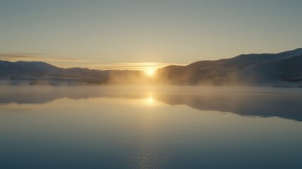 Wall Mural - a serene sunrise reflecting on a tranquil lake surrounded by misty mountains.