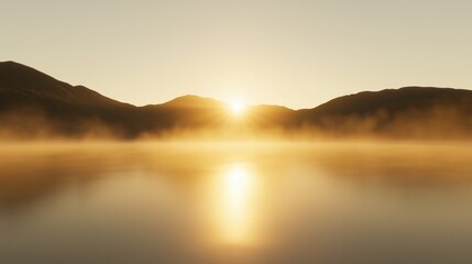 Wall Mural - a serene sunrise illuminating a misty lake surrounded by mountains.