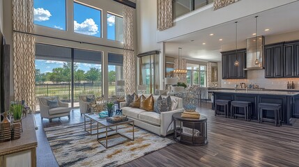 Wall Mural - Modern living room with high ceilings, natural light, and elegant furnishings.