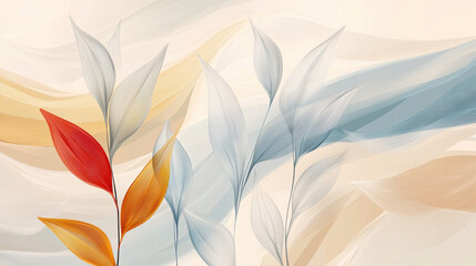 Wall Mural - Artistic line drawing with abstract leaves in soft colors, creating serene atmosphere