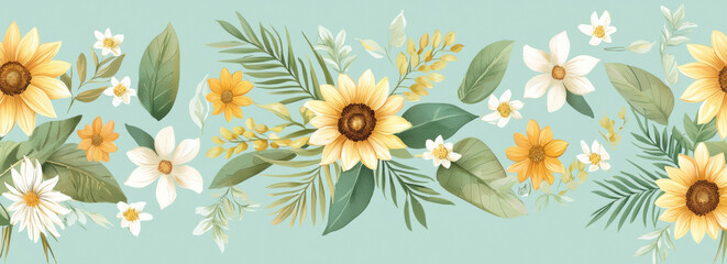 Wall Mural - Bright and cheerful sunflowers and flowers on soft green background create vibrant and uplifting atmosphere