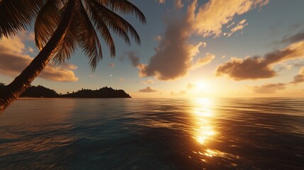 Wall Mural - a serene sunset view over a tranquil ocean with palm trees silhouetted against the sky.