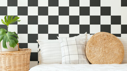 Fototapete - classic black and white checkered wallpaper complements cozy bedroom with plant, pillows, and woven 