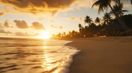Wall Mural - a serene view of a tropical beach at sunset with palm trees and gentle waves.