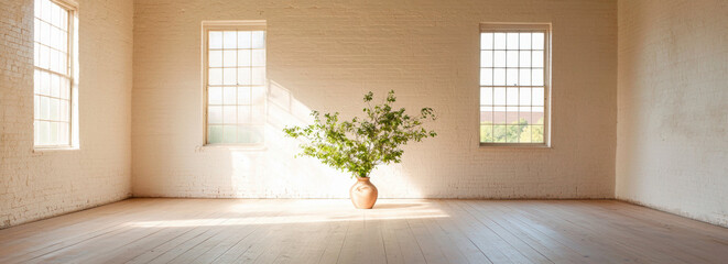 Poster - bright, minimalistic room with large windows and potted plant in vase. sunlight creates warm atmosphere, enhancing serene environment