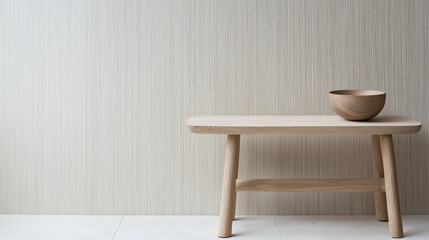 Poster - Minimalist wooden table with bowl on soft textured wallpaper