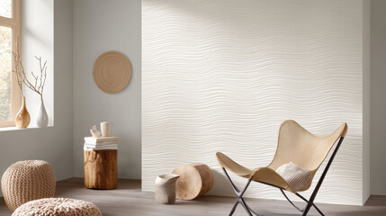 Poster - Cozy interior featuring soft textured wallpaper, stylish chair, and natural decor elements