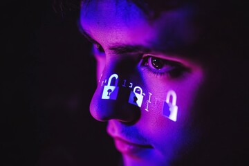 Poster - Young Person with Projection of Security Lock Symbol on Face