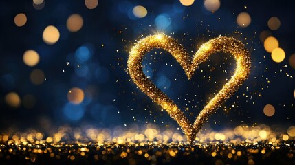 Poster - Golden Heart Shape Glitter Sparkle on Dark Blue Background